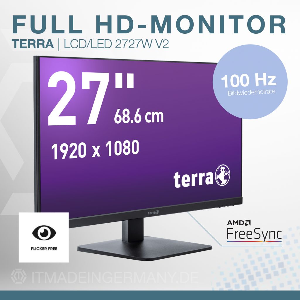 TERRA LCD/LED 2727W V2 black – 27 Zoll Full-HD Monitor mit VA-Panel, 100 Hz, USB-C, HDMI, DisplayPort und integriertem Lautsprecher