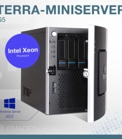 TERRA MINISERVER G5 – Kompakter Mini-Tower mit Intel Xeon E-2324G, HotSwap-Laufwerken und aktivem Kühlsystem, Frontansicht im Bürodesign