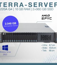 TERRA SERVER 5220A G5 – 2HE Rack-Server mit AMD EPYC 9124, 16 Cores, 32 GB DDR5 ECC RAM, 2x 960 GB SSD RAID 1, Broadcom RAID und redundanter Stromversorgung – Made in Germany