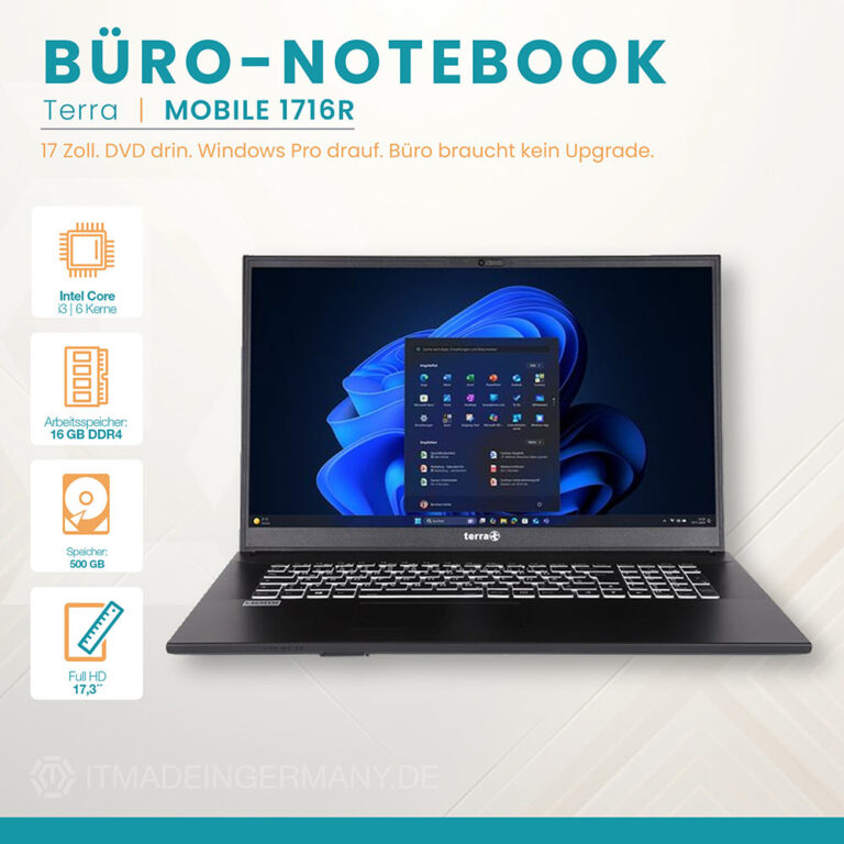 TERRA MOBILE 1716R – 17,3" Business-Notebook mit DVD-Laufwerk, Core i3, Windows 11 Pro, dunkelgrau