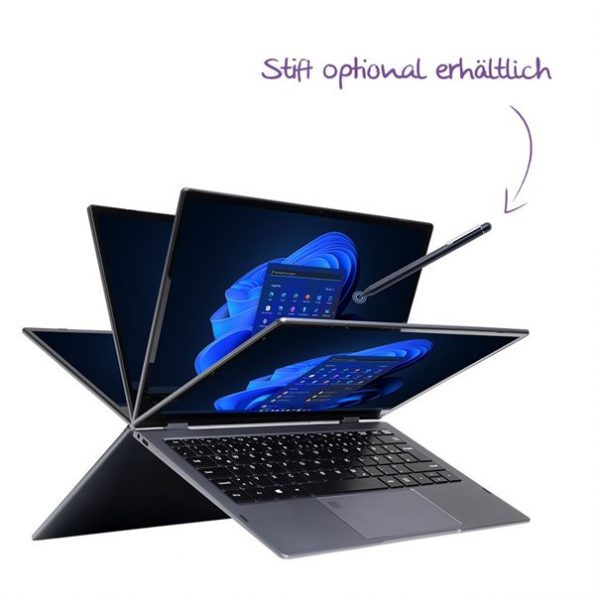 Abbildung des TERRA MOBILE 360-13R mit Intel Core i5-1334U, 13.3" Touch-Display, Aluminiumgehäuse und Windows 11 Pro im flexiblen Convertible-Design.