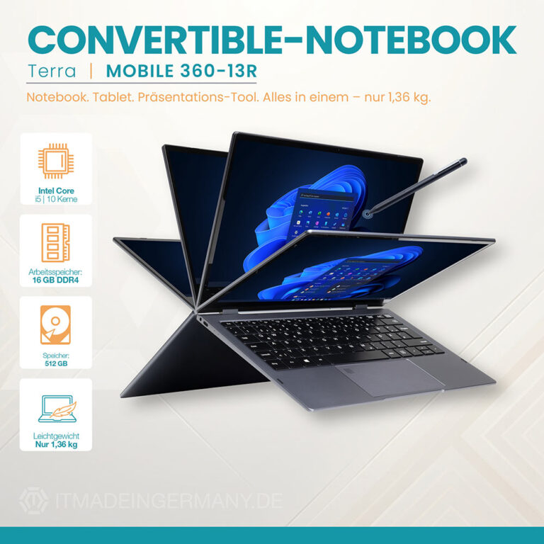 TERRA MOBILE 360-13R Convertible Notebook Touchscreen 13,3 Zoll Windows 11 Pro Fingerprint Core i5