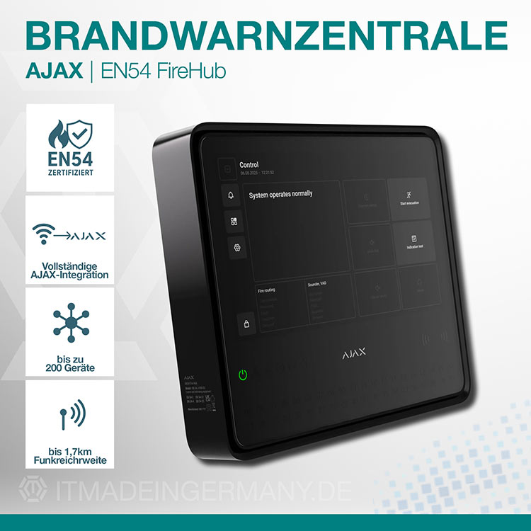Ajax EN54 FireHub Brandwarnzentrale mit vollständiger Ajax-Integration, bis zu 200 Geräten und 1,7 km Funkreichweite