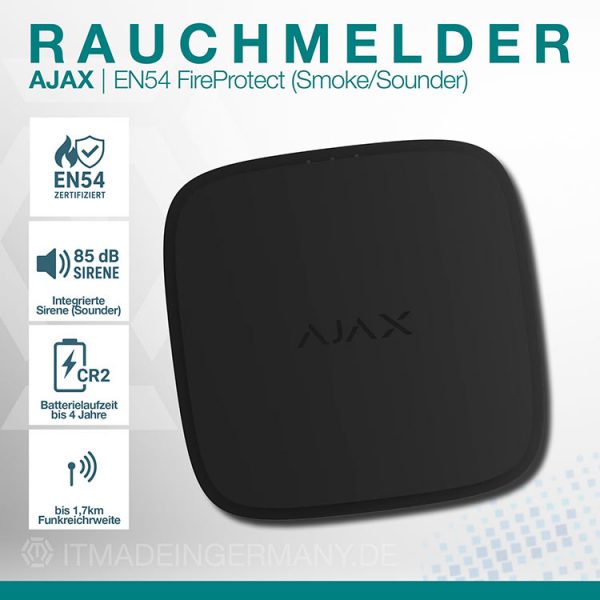 Ajax EN54 FireProtect Smoke/Sounder Schwarz – EN54-zertifizierter Funk-Rauchmelder mit integrierter 85 dB Sirene, CR2-Batterie und 1,7 km Funkreichweite