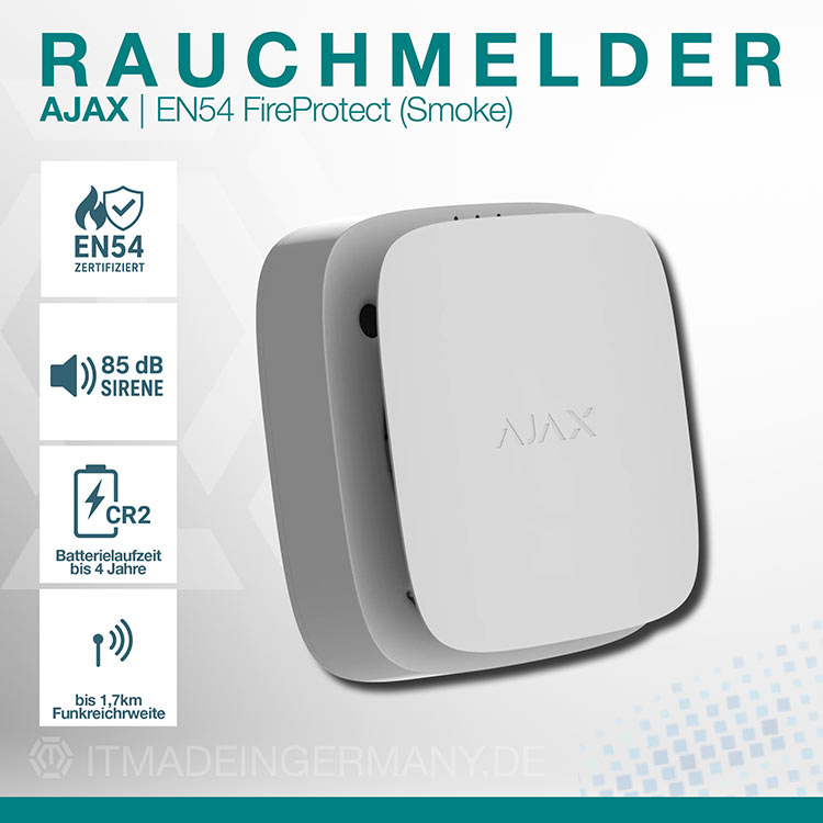 Ajax EN54 FireProtect Smoke Weiß – EN54-zertifizierter Funk-Rauchmelder mit 85 dB Sirene, CR2-Batterie und 1,7 km Funkreichweite