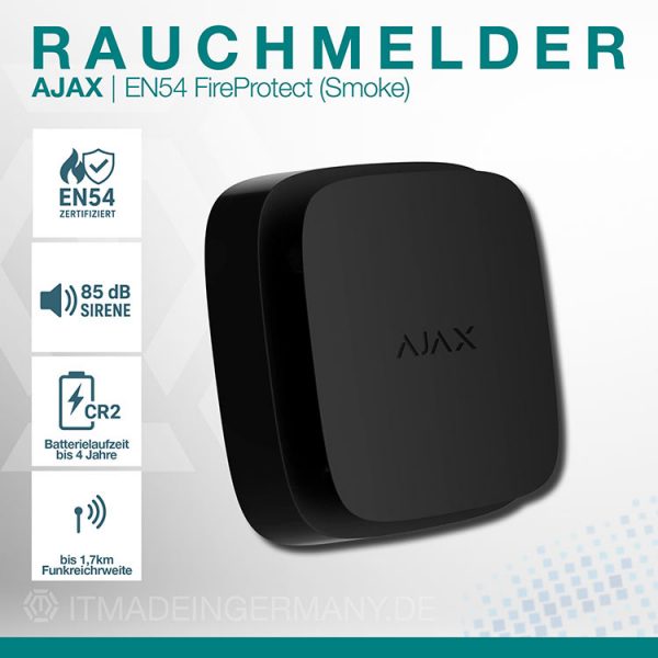 Ajax EN54 FireProtect Smoke Schwarz – EN54-zertifizierter Funk-Rauchmelder mit 85 dB Sirene, CR2-Batterie und 1,7 km Funkreichweite
