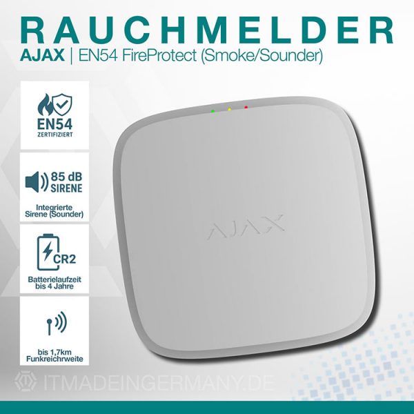 Ajax EN54 FireProtect Smoke/Sounder Weiß – EN54-zertifizierter Funk-Rauchmelder mit integrierter 85 dB Sirene, CR2-Batterie und 1,7 km Funkreichweite