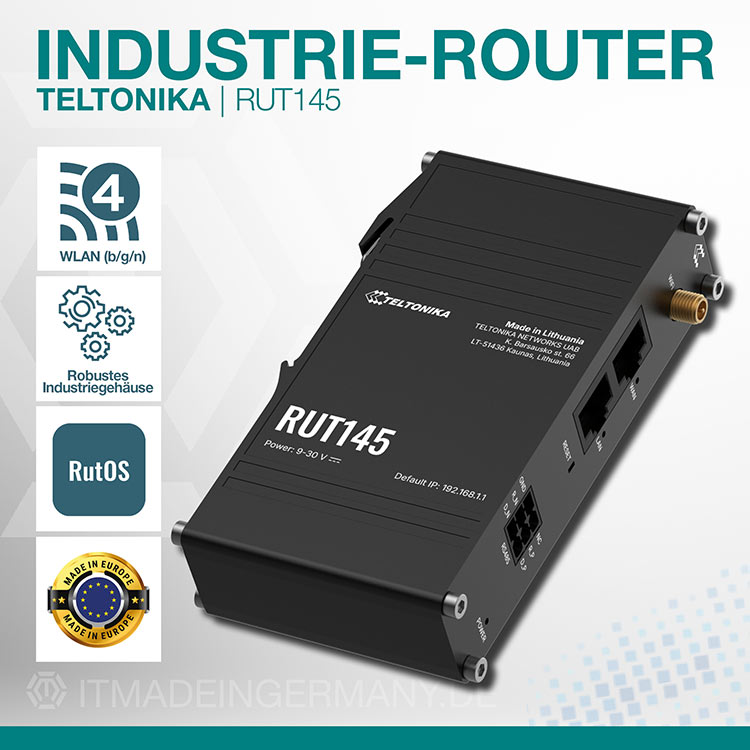 Teltonika RUT145 Industrie-Router mit RS485-Schnittstelle, RutOS Software und DIN-Schienenmontage für Automatisierung und IoT-Anwendungen