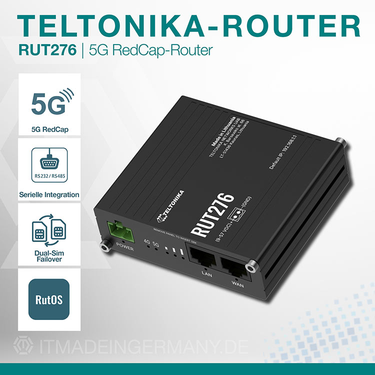 Teltonika RUT276 5G RedCap Industrie-Router mit RS232/RS485, Dual-SIM-Failover und RutOS