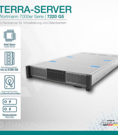 TERRA-SERVER 7220 G5 als 1U Rackserver mit Intel Xeon Gold 6534, bis zu 8.092 GB RAM, 8 Laufwerkseinschüben und redundanten Netzteilen.