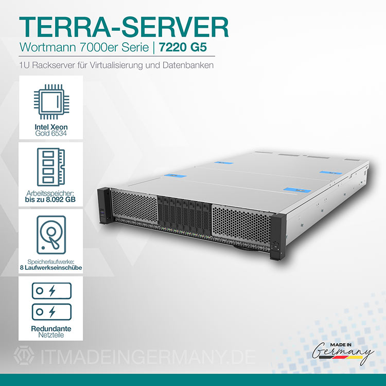 TERRA-SERVER 7220 G5 als 1U Rackserver mit Intel Xeon Gold 6534, bis zu 8.092 GB RAM, 8 Laufwerkseinschüben und redundanten Netzteilen.