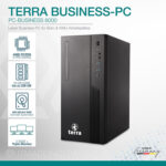 Infografik des TERRA PC-BUSINESS 6000 Micro-Tower mit AMD Ryzen 5 PRO, 16GB RAM und Triple-Monitor-Support für KMU.