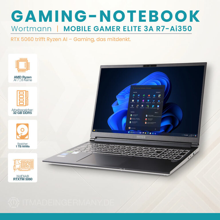 Terra Mobile Gamer Elite 3A Gaming-Notebook – AMD Ryzen AI 7 350, RTX 5060 8 GB, 16 Zoll WQXGA 2560×1600, 32 GB DDR5, 1 TB NVMe