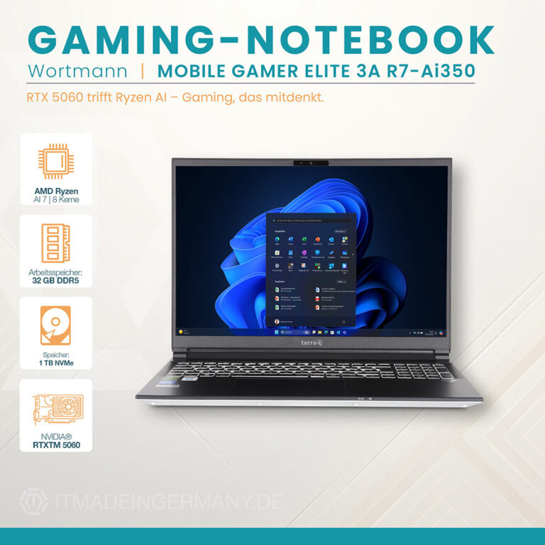 Terra Mobile Gamer Elite 3A Gaming-Notebook – AMD Ryzen AI 7 350, RTX 5060 8 GB, 16 Zoll WQXGA, 32 GB DDR5, Windows 11 Home