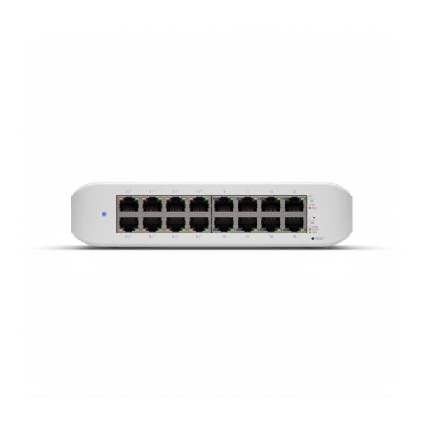 Ubiquiti UniFi Switch 16-Port Frontansicht mit 16 RJ-45 Gigabit Ethernet Ports und 8x PoE