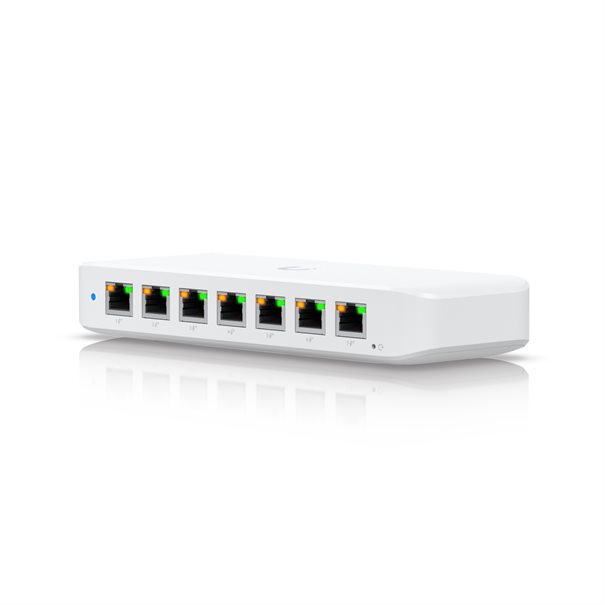 Ubiquiti UniFi Ultra Switch - 8 Port Gigabit Ethernet Switch mit PoE in weiß, Frontansicht mit allen Ports