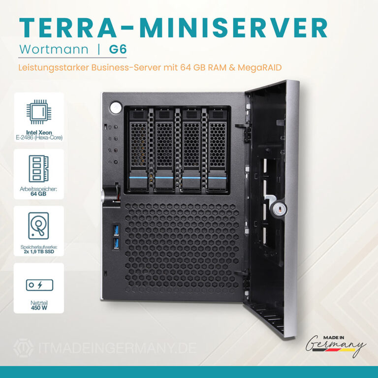 TERRA MINISERVER G6 Mini-Tower mit Intel Xeon E-2486, 64 GB RAM und 2x 1,9 TB SSD im RAID 1