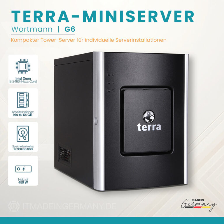 TERRA MINISERVER G6 Mini-Tower mit Intel Xeon E-2486, bis 64 GB RAM und 2x 960 GB SSD, ohne Betriebssystem