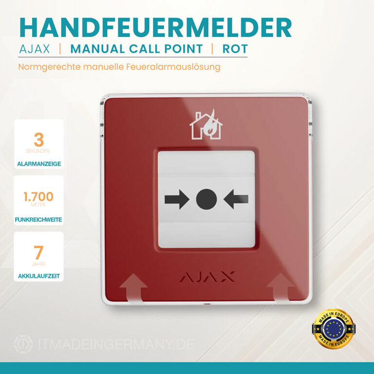 Ajax Manual Call Point in Rot – kabelloser Funk-Handfeuermelder (DKM) nach EN 54-11 für Brandwarnanlagen
