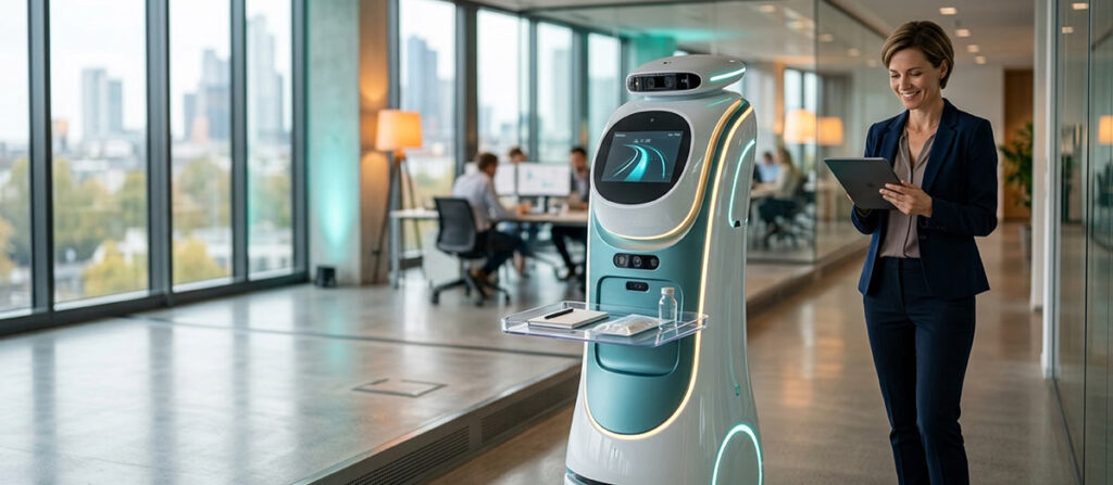 Serviceroboter liefert autonom Büromaterialien in modernem Büro – Mitarbeiterin arbeitet entspannt am Tablet