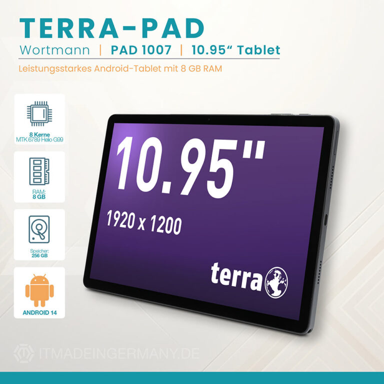 TERRA PAD 1007 10.95 Zoll Android 14 Tablet mit 8GB RAM und 256GB Speicher, German engeneering