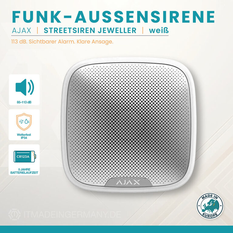 Ajax StreetSiren Jeweller in Weiß mit bis zu 113 dB, umlaufendem LED-Alarmrahmen und zuverlässiger Funkverbindung für den Außenbereich.