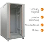 19"-Netzwerkschrank IT-BUDGET SRK 18 HE, 600x600 mm, ESG-Sichttür, lichtgrau RAL 7035, mit 1000 kg Traglast, passiver Belüftung, Nivellierfüßen und Rollen