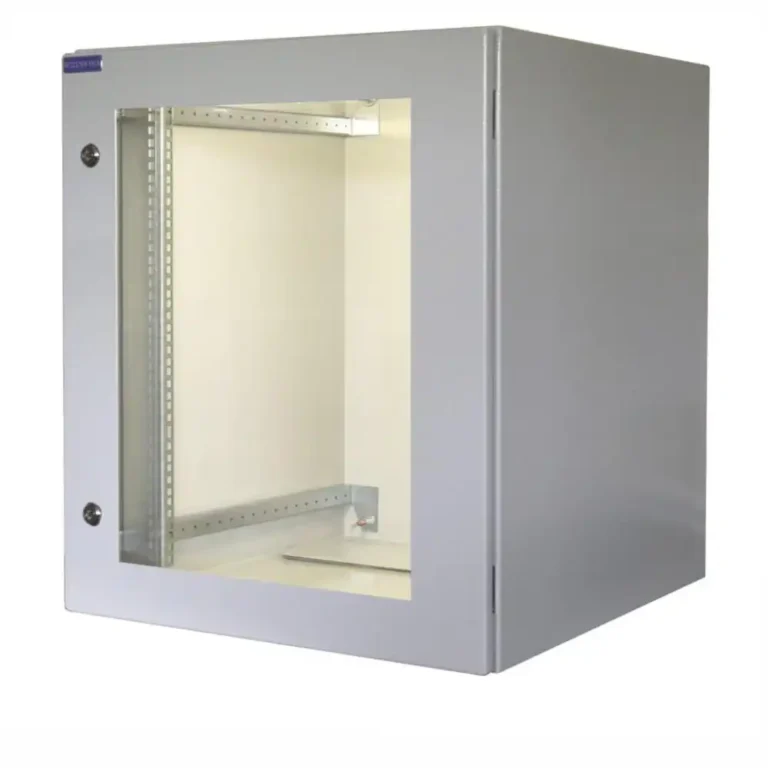 19"-Netzwerkschrank RESISTER PRO IP66 in lichtgrau RAL 7035 mit geschlossener Sichttür aus Sicherheitsglas, 16 HE, 800×800×800 mm