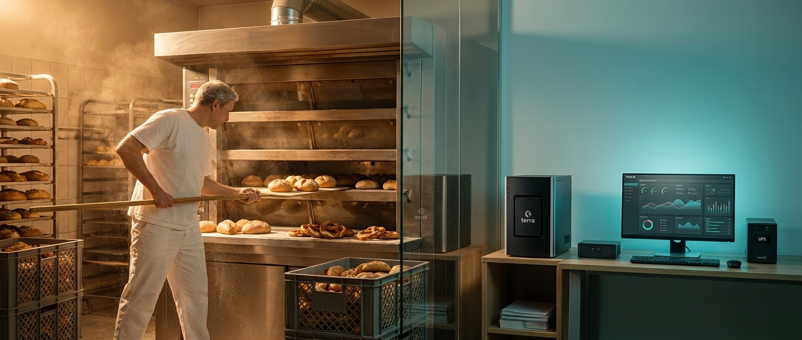 Bäckerei bei Nacht: vorne die Backstube, hinten das Büro mit kompaktem Server als Fundament der Bäckereisoftware