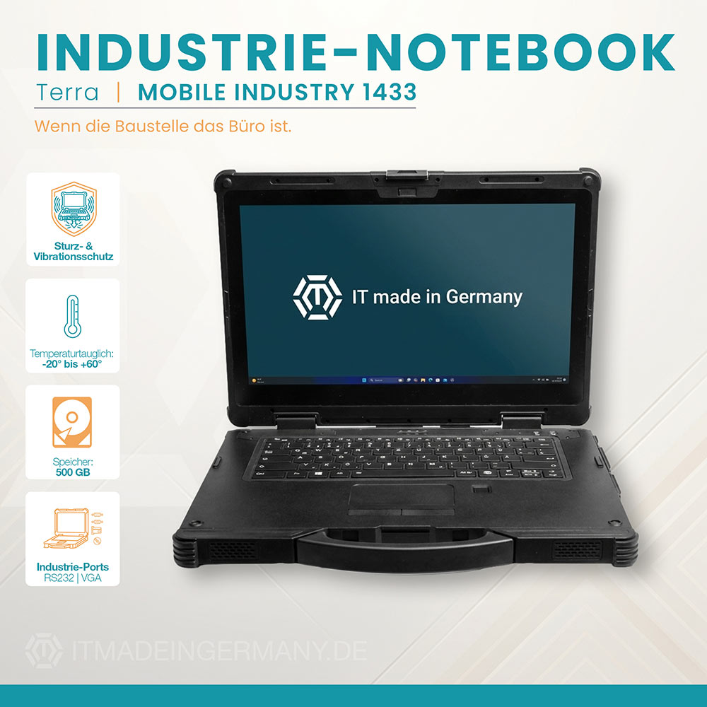 TERRA MOBILE INDUSTRY 1433 Rugged Notebook 14 Zoll, Frontansicht aufgeklappt mit Windows 11 Pro, stoßfestes Anthrazit-Gehäuse mit Eckschutz und Tragegriff, IP53